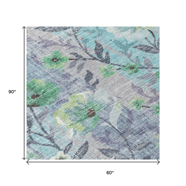 5' X 8' Teal Blue And Pewter Floral Washable Indoor Outdoor Area Rug