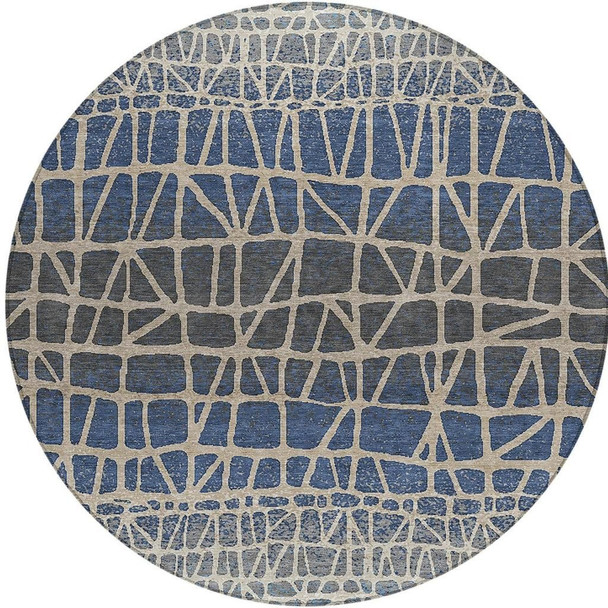 8' Blue Beige And Gray Round Geometric Washable Indoor Outdoor Area Rug