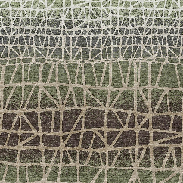 10' X 14' Fern Green Brown And Beige Geometric Washable Indoor Outdoor Area Rug