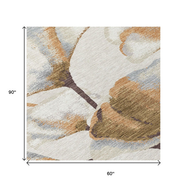 5' X 8' Copper Ivory And Beige Botanical Leaves Washable Indoor Outdoor Area Rug