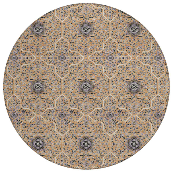 8' Copper Black And Brown Round Oriental Washable Indoor Outdoor Area Rug