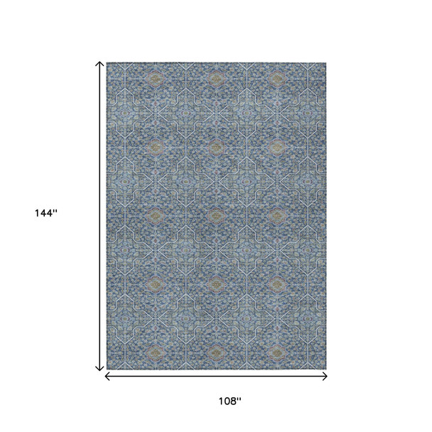 9' X 12' Navy Blue Ivory And Plum Oriental Washable Indoor Outdoor Area Rug