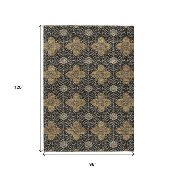 8' X 10' Black Copper And Gray Quatrefoil Washable Indoor Outdoor Area Rug