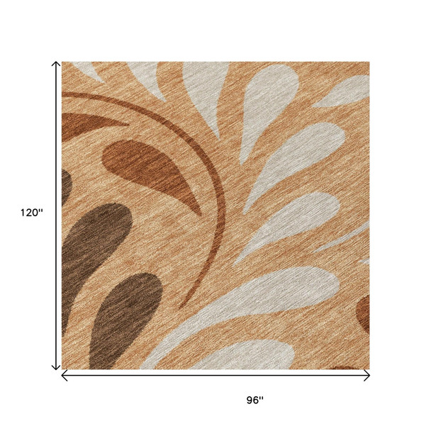 8' X 10' Copper Beige And Chocolate Botanical Leaves Washable Indoor Outdoor Area Rug