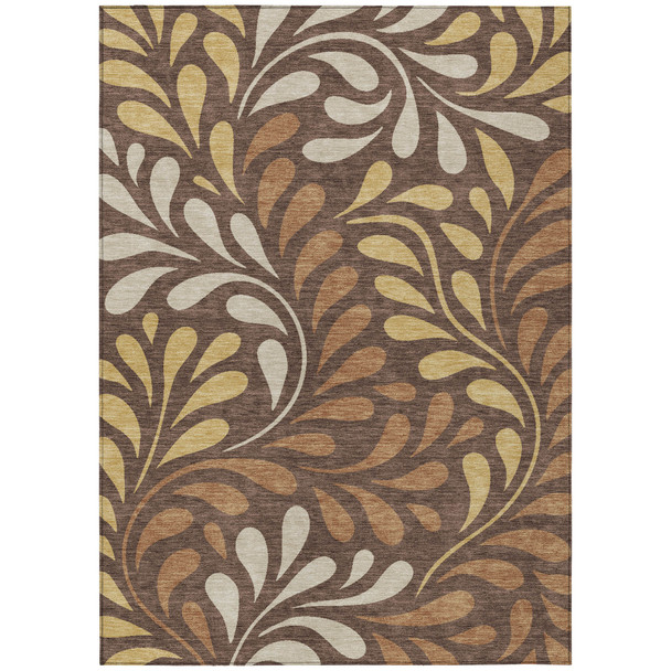 3' X 5' Chocolate Gold And Beige Botanical Leaves Washable Indoor Outdoor Area Rug