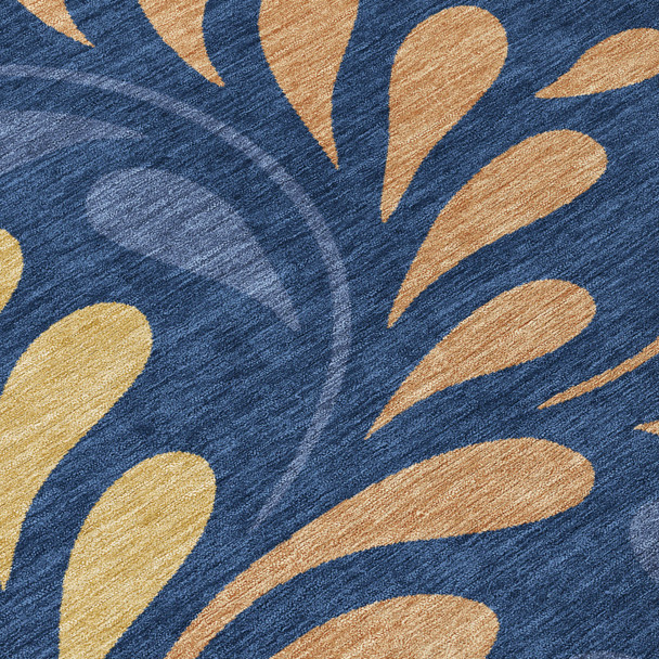 8' Navy Blue Copper And Gold Round Botanical Leaves Washable Indoor Outdoor Area Rug