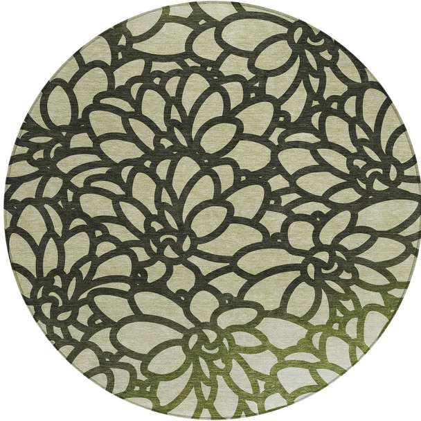 8' Artichoke Green Black And Ivory Round Botanical Leaves Washable Indoor Outdoor Area Rug