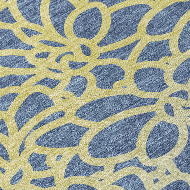9' X 12' Navy Blue And Gold Botanical Leaves Washable Indoor Outdoor Area Rug