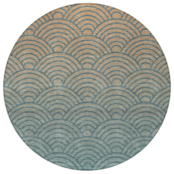 8' Teal Blue And Orange Round Geometric Washable Indoor Outdoor Area Rug