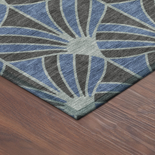 9' X 12' Navy Blue And Charcoal Seashell Washable Indoor Outdoor Area Rug