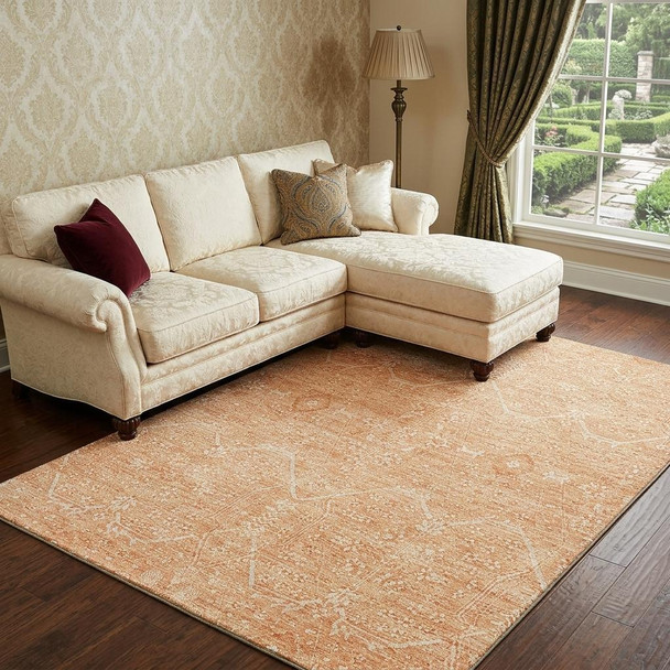 9' X 12' Salmon And Ivory Floral Washable Area Rug With UV Protection