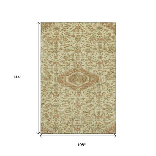 9' X 12' Beige Rust And Artichoke Green Floral Washable Area Rug With UV Protection