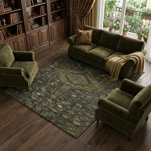 9' X 12' Charcoal Olive Green And Silver Floral Washable Area Rug With UV Protection