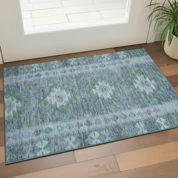 3' X 5' Blue And Pale Aqua Geometric Washable Area Rug With UV Protection