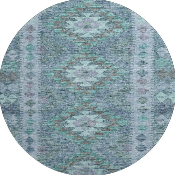 8' X 8' Blue And Pale Aqua Geometric Washable Round Rug With UV Protection