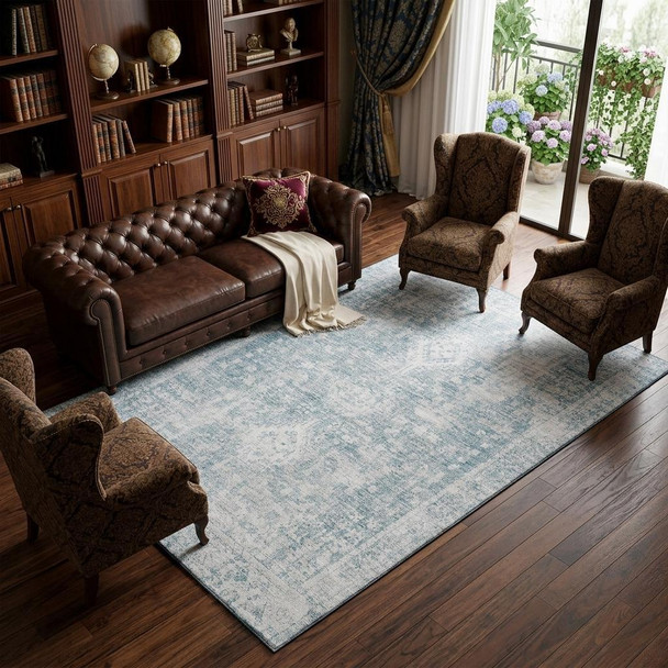 10' X 14' Sky Blue And Silver Oriental Washable Area Rug With UV Protection