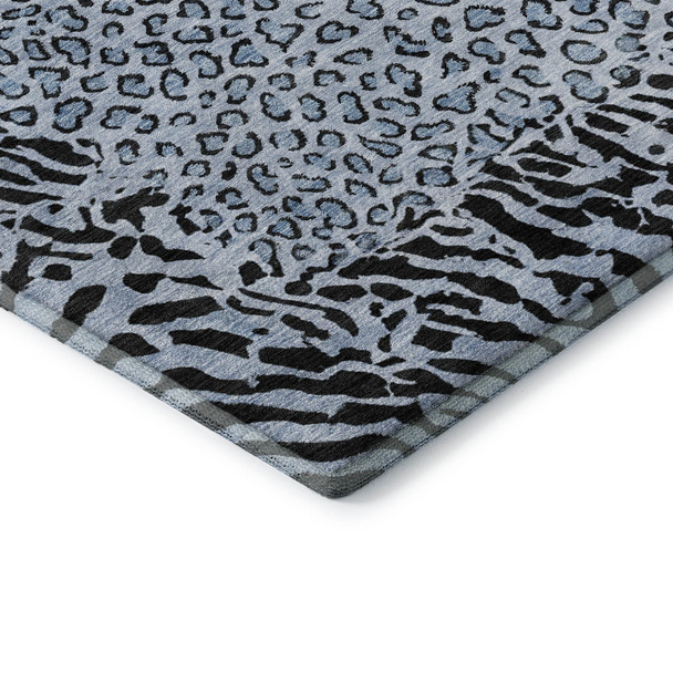 8' Blue And Black Animal Print Washable Area Rug With UV Protection
