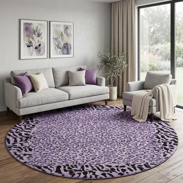 8' X 8' Purple And Black Animal Print Washable Round Rug With UV Protection
