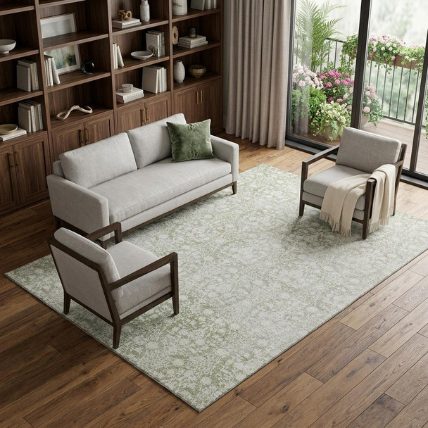 9' X 12' Artichoke Green And Ivory Damask Washable Area Rug With UV Protection