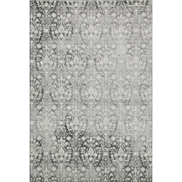 5' X 8' Charcoal And Ivory Damask Washable Area Rug With UV Protection