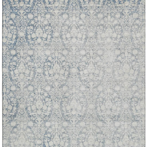 3' X 5' Denim Blue And Ivory Damask Washable Area Rug With UV Protection