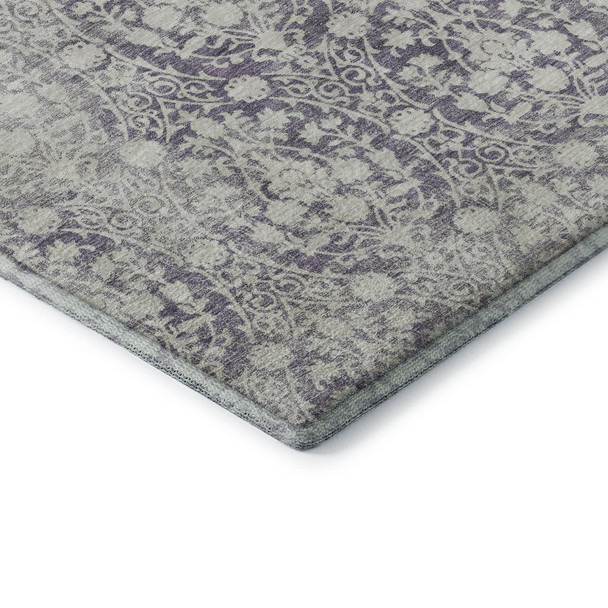 5' X 8' Plum And Ivory Damask Washable Area Rug With UV Protection