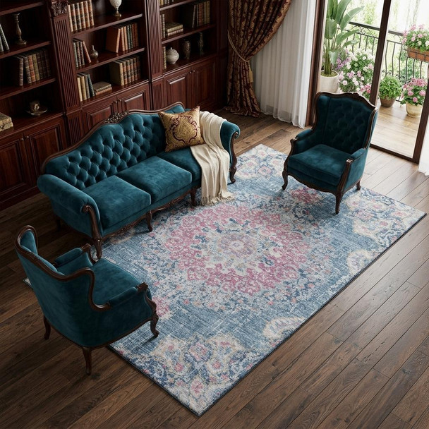 9' X 12' Blue Blush And Ivory Floral Washable Area Rug With UV Protection