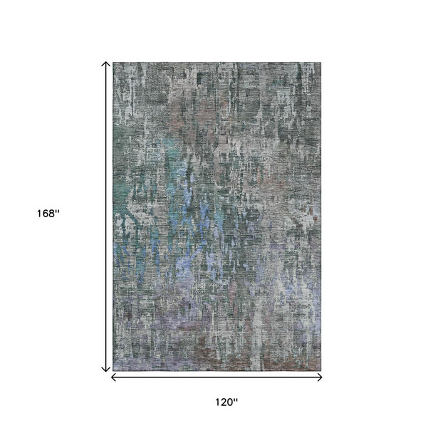 10' X 14' Fern Green Blue And Beige Abstract Washable Area Rug With UV Protection