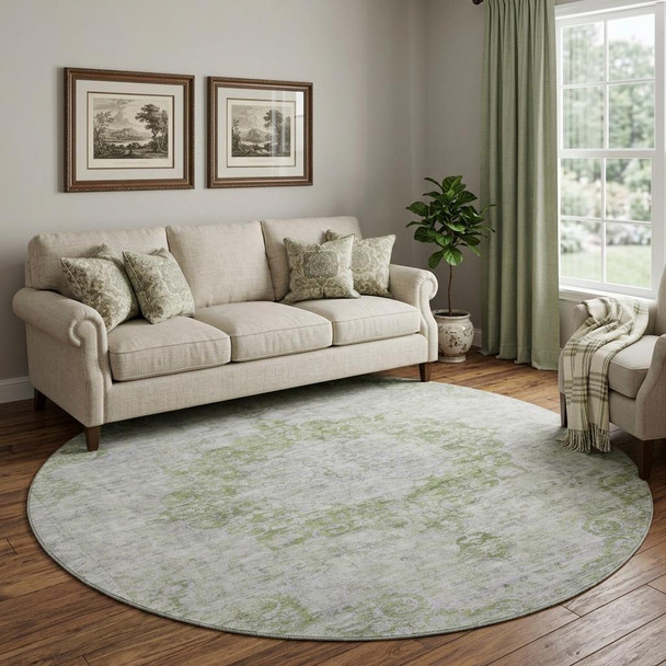 8' X 8' Olive Green And Silver Oriental Washable Round Rug With UV Protection