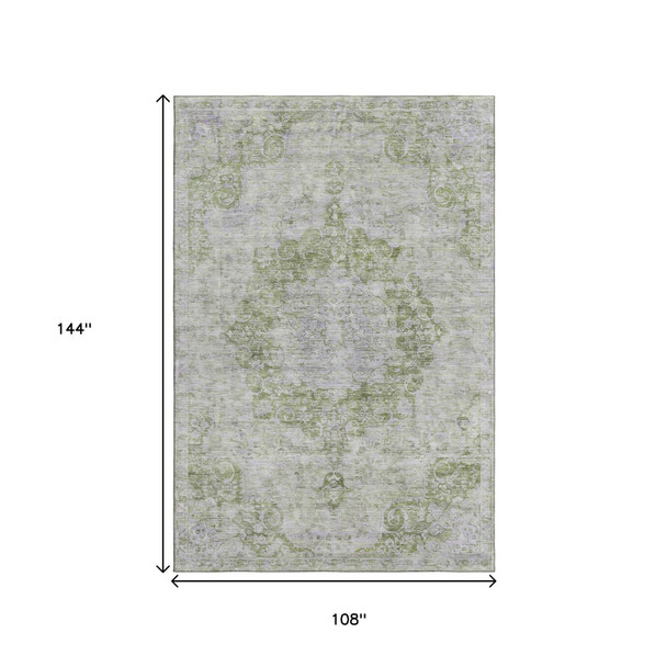 9' X 12' Olive Green And Silver Oriental Washable Area Rug With UV Protection