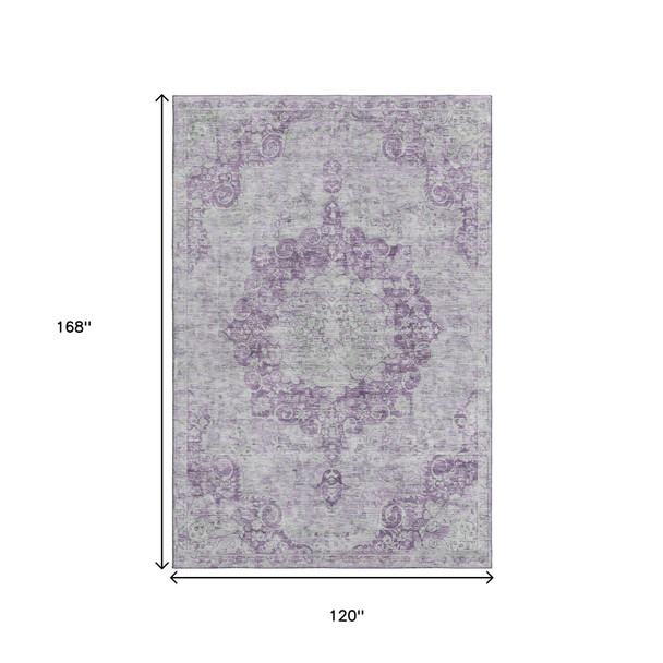 10' X 14' Purple And Silver Oriental Washable Area Rug With UV Protection