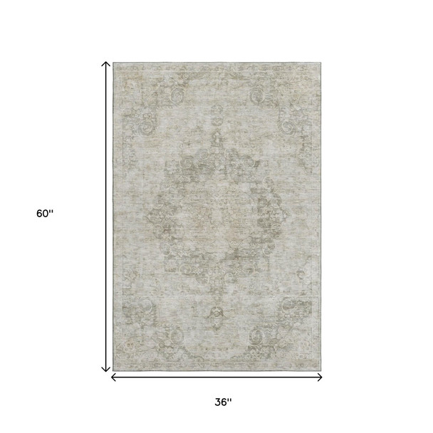 3' X 5' Beige And Taupe Oriental Washable Area Rug With UV Protection