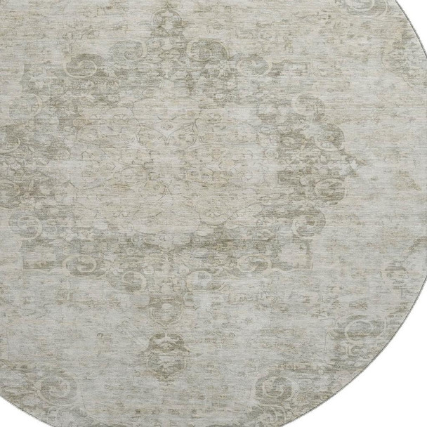 8' X 8' Beige And Taupe Oriental Washable Round Rug With UV Protection
