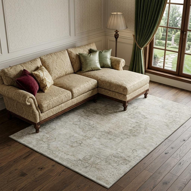 9' X 12' Beige And Taupe Oriental Washable Area Rug With UV Protection