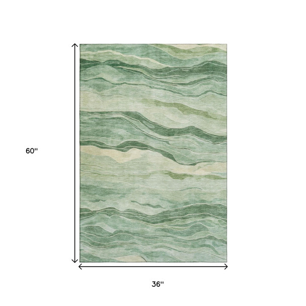 3' X 5' Green And Beige Striped Washable Area Rug With UV Protection