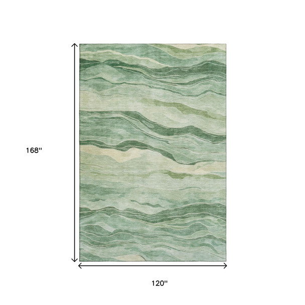 10' X 14' Green And Beige Striped Washable Area Rug With UV Protection