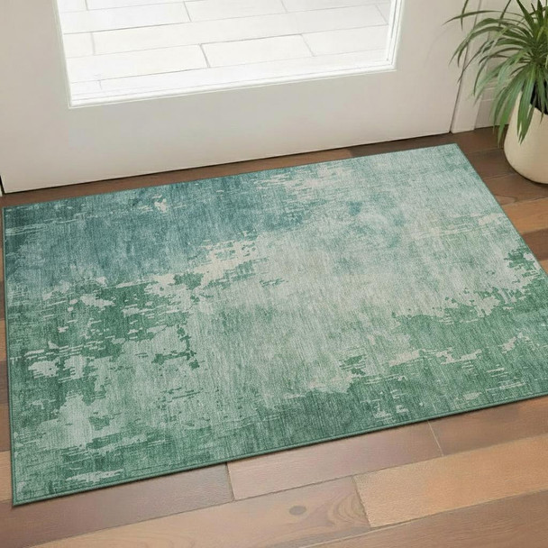 3' X 5' Emerald And Denim Blue Abstract Washable Area Rug With UV Protection