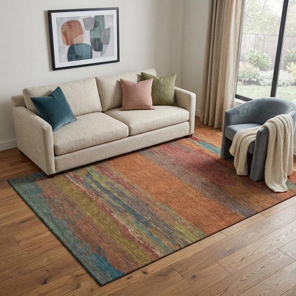 5' X 8' Terra Cotta Teal And Green Abstract Washable Area Rug With UV Protection