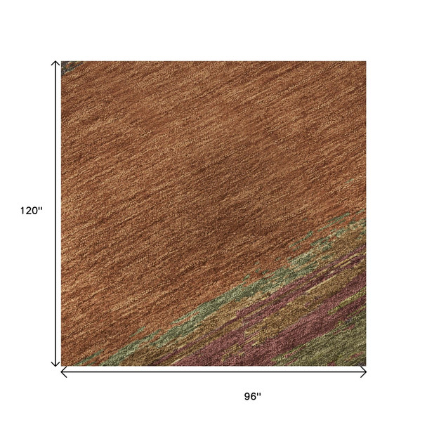 8' Terra Cotta Teal And Green Abstract Washable Area Rug With UV Protection