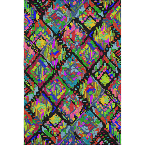 5' X 8' Black Red Pink And Green Geometric Washable Area Rug With UV Protection