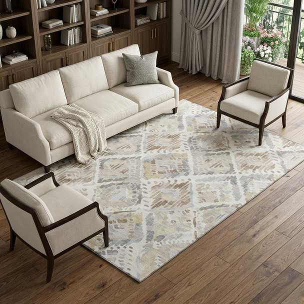8' Ivory Brown And Gray Geometric Washable Area Rug With UV Protection