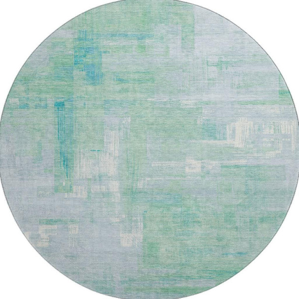 8' X 8' Sky Blue Ivory And Teal Abstract Washable Round Rug With UV Protection