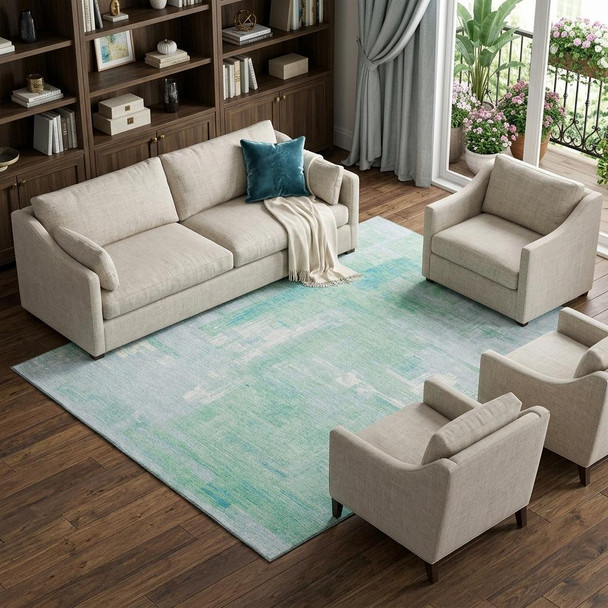 8' Sky Blue Ivory And Teal Abstract Washable Area Rug With UV Protection