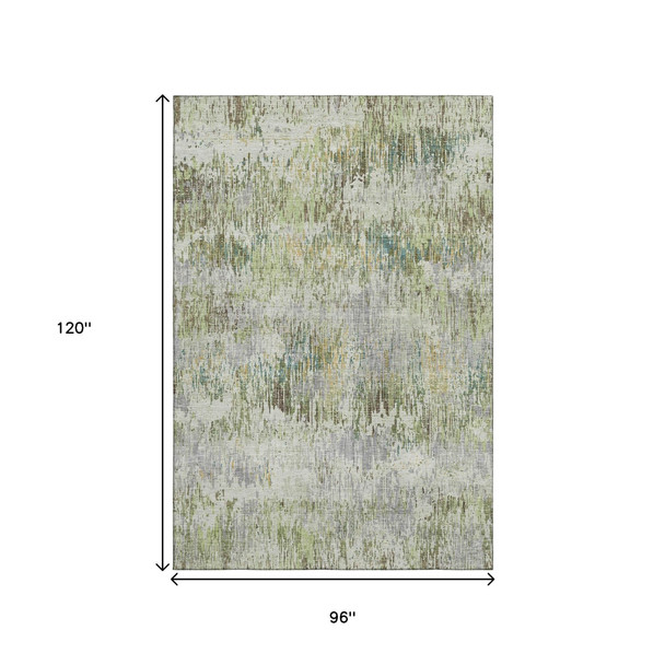 8' Artichoke Green Ivory And Gray Striped Washable Area Rug With UV Protection