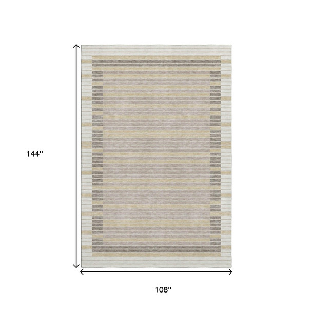 9' X 12' Ivory Tan And Taupe Striped Washable Area Rug With UV Protection