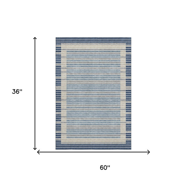 3' X 5' Navy Blue Ivory And Gray Striped Washable Area Rug With UV Protection