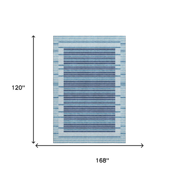 10' X 14' Sky Blue Ivory And Navy Blue Striped Washable Area Rug With UV Protection