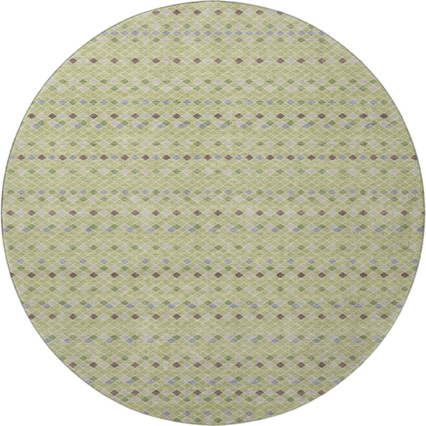 8' X 8' Artichoke Green Gray And Silver Striped Washable Round Rug With UV Protection