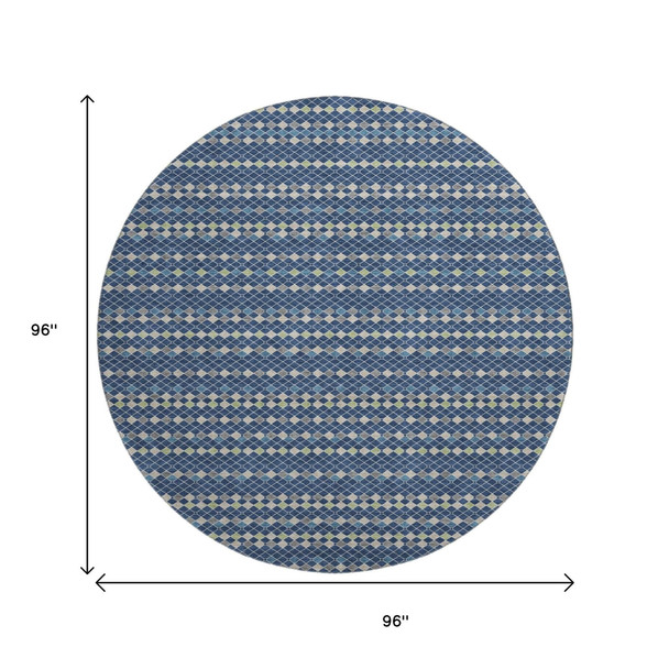 8' X 8' Navy Blue Gray And Silver Striped Washable Round Rug With UV Protection