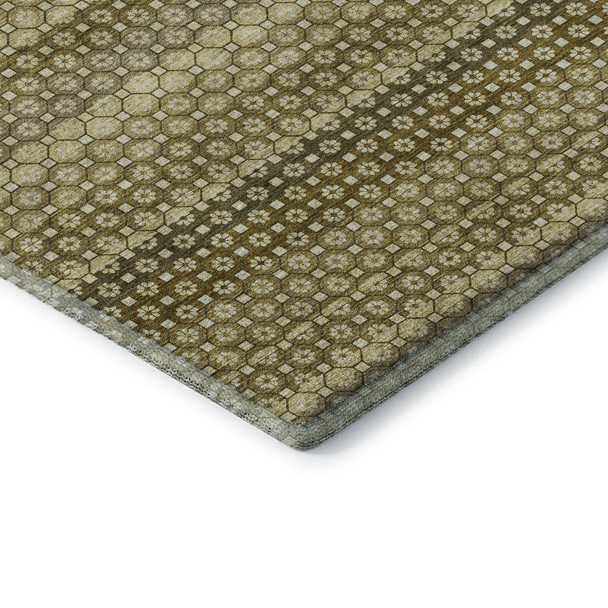 5' X 8' Artichoke Green Beige And Gray Striped Washable Area Rug With UV Protection